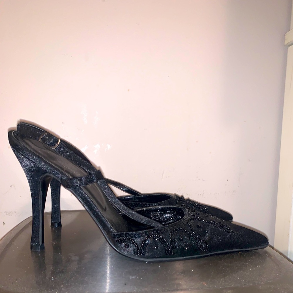 Elegant Black Beaded Pointed-Toe Slingback Heels